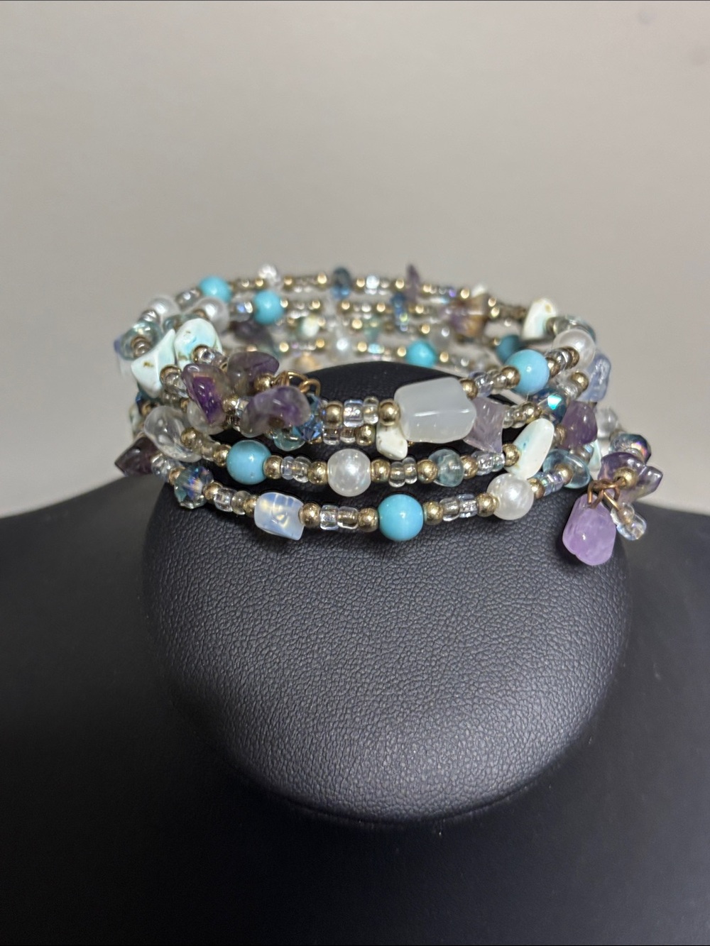 Beaded Multi-Gem Coil Stone Bracelet in Aqua and Purple